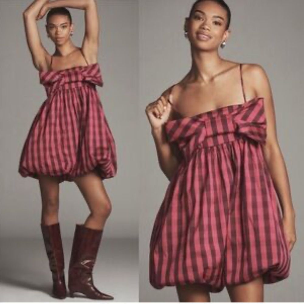 Nwt Anthro Maeve Bow Bubble Fit Flare Dress Pink/Burgundy Plaid